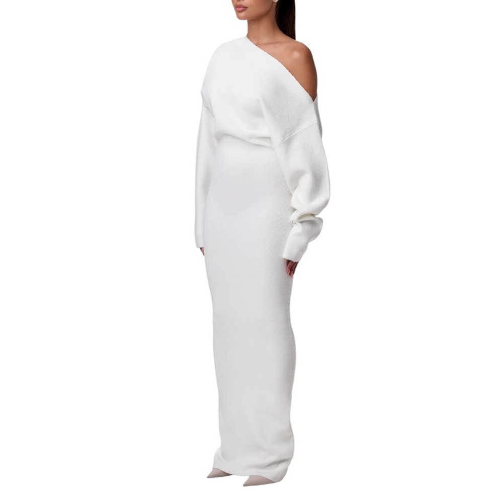 Naked Wardrobe Knit Off Shoulder Sweater Maxi Dress in White